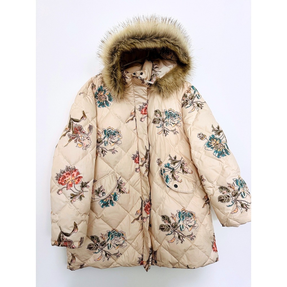 Sundance Puffer Jacket XL Floral Quilted Duck Down Coat Faux Fur Hood Cottage